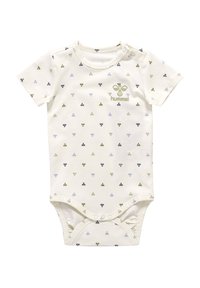 Cremefarvet babydragt med korte ærmer, der har et gentagende flerfarvet mønster og trykknapper ved skulderen og bunden. Hummel-logo i olivengrøn farve.