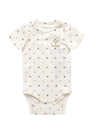 Crème kleurige baby bodysuit met korte mouwen, voorzien van een herhalend veelkleurig patroon en drukknoopjes op de schouder en onderkant. Hummel-logo gedrukt in olijfgroen.