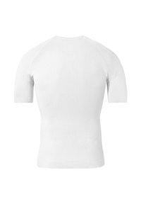 T-shirt de sport blanc à manches courtes avec une coupe ajustée. La texture comprend des motifs subtils et un logo au dos.