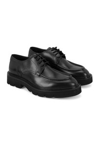 Chaussures en cuir noir avec une finition lisse, un bout rond et un laçage, dotées d'une semelle épaisse et robuste pour une bonne adhérence.