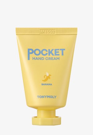 Tube jaune de crème pour les mains TonyMoly Pocket, parfum banane, avec une petite illustration de banane pelée sur le devant.