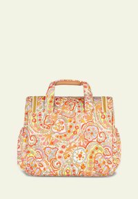 Bolso tote con un diseño estampado que presenta motivos florales y de paisley en colores naranja, rosa y verde. Dos asas resistentes y un bolsillo con cremallera.