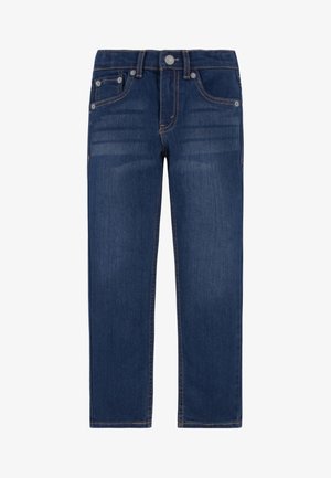 Sötétkék egyenes szabású farmernadrág, öt zsebbel és kontrasztos varrással. Gombos slicc és sima textúra jellemzi.