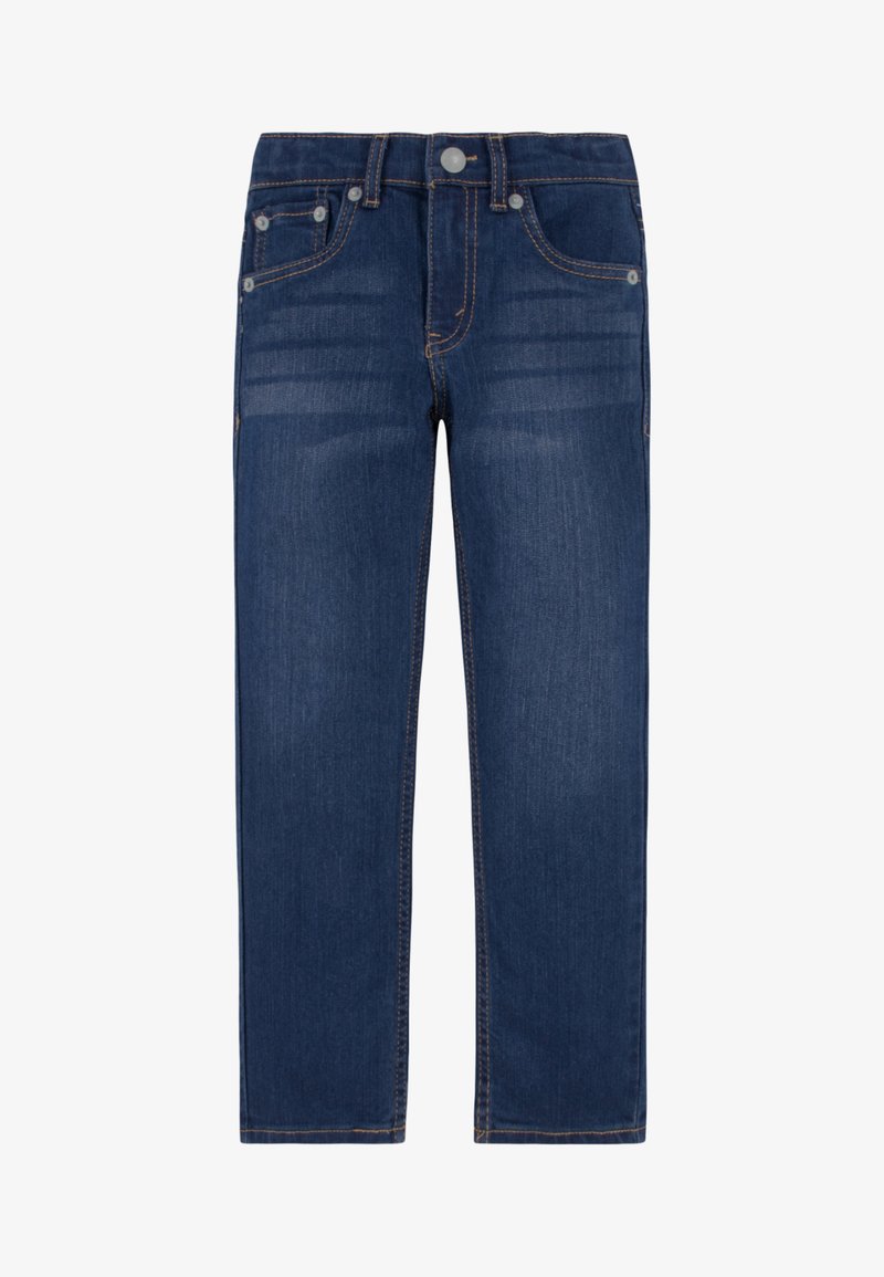 Sötétkék egyenes szabású farmernadrág, öt zsebbel és kontrasztos varrással. Gombos slicc és sima textúra jellemzi.