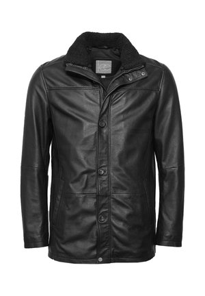 Veste en cuir noir avec une fermeture à boutons, deux poches latérales et un col en fourrure; texture lisse avec des coutures et des détails visibles.