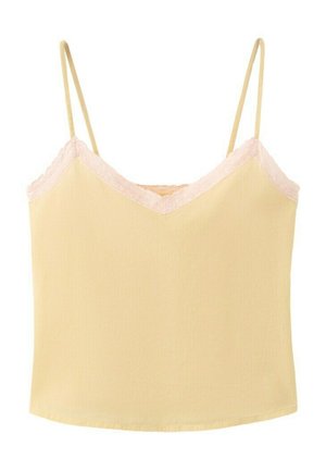 Light yellow sleeveless camisole with thin straps and pale pink lace trim along the V-neckline.
