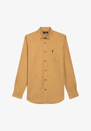 Brązowa koszula z długim rękawem, zapinana na guziki, z kieszonką na piersi z czarnym logo, teksturowanym materiałem i zaokrąglonym dołem.