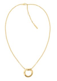 Gullkjede med en sirkulær anheng. Anhenget har en polert overflate med en glatt tekstur. Justerbar clasp-kjededesign.
