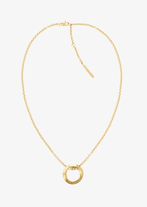 Collana in oro con pendente circolare. Il pendente ha una finitura lucida e una texture liscia. Design della catena con chiusura regolabile.