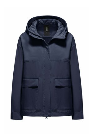 Marineblaue Kapuzenjacke mit Frontreißverschluss, Druckknopfverschluss und zwei großen Klappentaschen, entworfen für den Außeneinsatz.