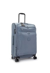 Modrá látková kufr s texturovaným povrchem, dvojitými zipovými přihrádkami, teleskopickou rukojetí a čtyřmi kolečky pro snadnou manipulaci.
