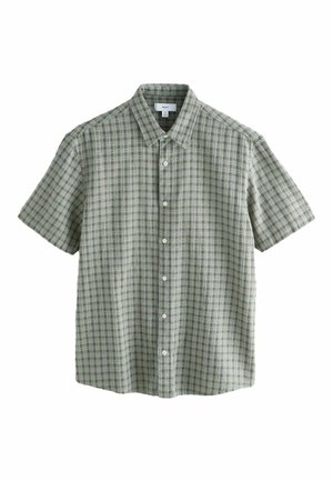 Kurzarm-Hemd mit Knöpfen im grün-weißen Karomuster, aus leichtem Stoff gefertigt, mit klassischem Kragen und fünf Knöpfen.