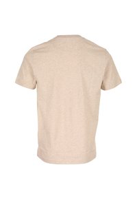 Beige kortärmad t-shirt, tillverkad av mjukt tyg med en slät yta. Klassisk rund halsringning och en avslappnad passform. Enfärgad utan mönster eller detaljer.