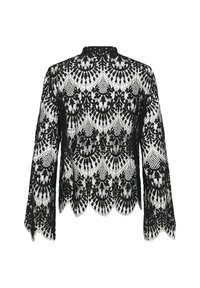 Fekete csipkés, hosszú ujjú blúz bonyolult virág- és legyezőformájú mintákkal, magas nyakkivágással, valamint fodros szegéllyel és mandzsettával.