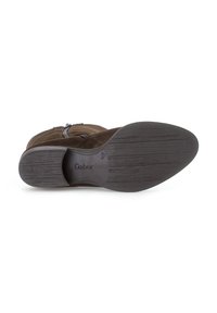 Brown suede ankle boot with a side zipper, almond toe shape, and textured rubber sole. Brand name "Gabor" is embossed on the sole.