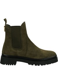 Olive green suede ankle boot with elastic side panels, a pull tab, and a textured black rubber sole. Features subtle branding on the side.