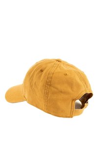 Cotton baseball cap in mustard yellow, featuring a curved brim, adjustable strap at the back, and visible stitching details.