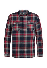 Rood en marineblauw geruit overhemd van flanel met een doorlopende knoopsluiting, twee borstzakken en lange mouwen. Voorzien van bruine knopen.