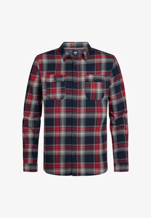 Red and navy blue plaid shirt made of flannel with a button-up front, two chest pockets, and long sleeves.  Features brown buttons.