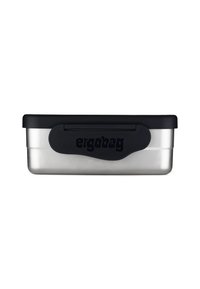 Stainless steel lunchbox with a black silicone lid and clasp, featuring an embossed logo. Rectangular shape, durable material, minimal design.