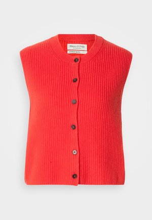 Rote gerippte Strickweste mit rundem Halsausschnitt, fünf dunklen Knöpfen und taillierter Form. Hergestellt aus verantwortungsvollem Merinowolle. Keine Ärmel.