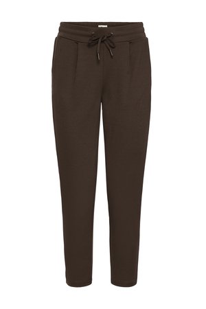 Hnědé tepláky s nastavitelným pasem na šňůrku, dvěma předními kapsami a zúženými nohavicemi. Vyrobené z měkké, pružné látky pro pohodlí.