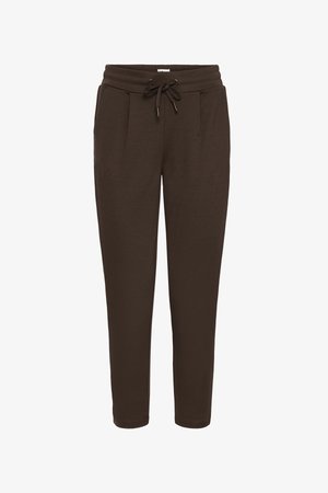 Hnědé tepláky s nastavitelným pasem na šňůrku, dvěma předními kapsami a zúženými nohavicemi. Vyrobené z měkké, pružné látky pro pohodlí.