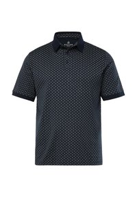 Laivaston värinen polo-paita lyhyillä hihoilla, teksturoidusta kankaasta, nappilista ja kevyitä värejä oleva geometrinen kuvio edessä ja kauluksessa.