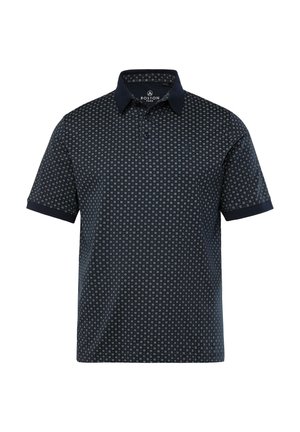 Marineblå polo shirt med korte ærmer, tekstureret stof, knaplukning og et geometrisk mønster i lyse farver på fronten og kraven.