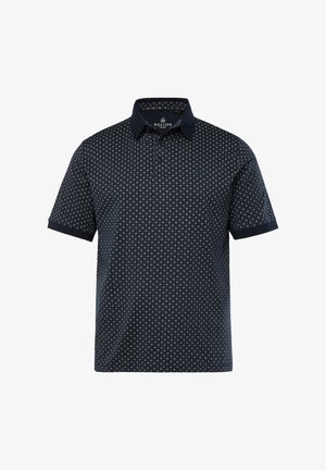 Marineblå polo shirt med korte ærmer, tekstureret stof, knaplukning og et geometrisk mønster i lyse farver på fronten og kraven.
