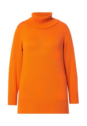 Pullover arancione a collo alto realizzato in tessuto lavorato a maglia. Presenta maniche lunghe e orlo e colletto a coste per una maggiore texture.