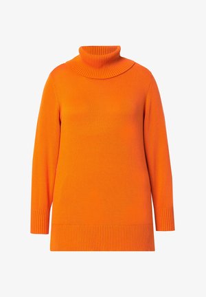 Oranges Rollkragensweater aus Strickstoff. Verfügt über lange Ärmel sowie einen gerippten Saum und Kragen für zusätzliche Textur.