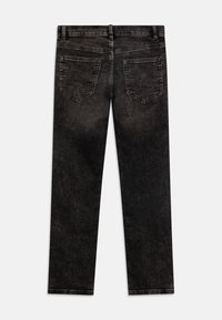 Black denim jeans with a straight leg cut, featuring two back pockets and subtle fading. Clean edges and stitching detail present.