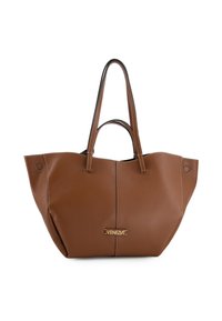 Brown leather tote bag with double handles, white stitching, and "Venezia" gold nameplate centered on front.