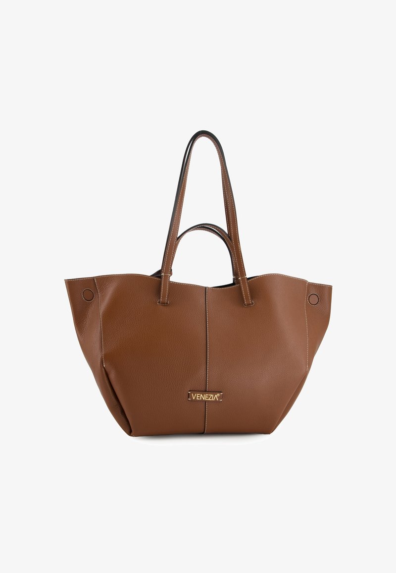 Brown leather tote bag with double handles, white stitching, and "Venezia" gold nameplate centered on front.