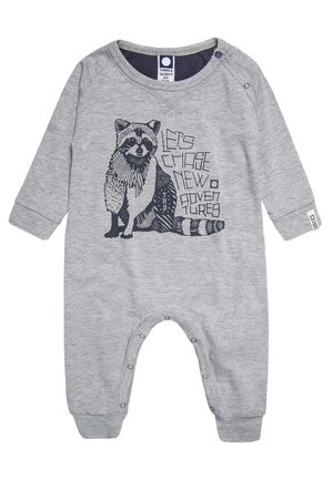 Grijze baby romper met lange mouwen, voorzien van een wasbeerafbeelding en de tekst "Let's chase new adventures". De romper heeft drukknoopjes op de schouders en bij de benen.