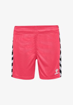 Pantalones cortos deportivos rosas con una cintura elástica, con franjas laterales negras y un pequeño logo en la parte frontal. Tejido suave y ligero.