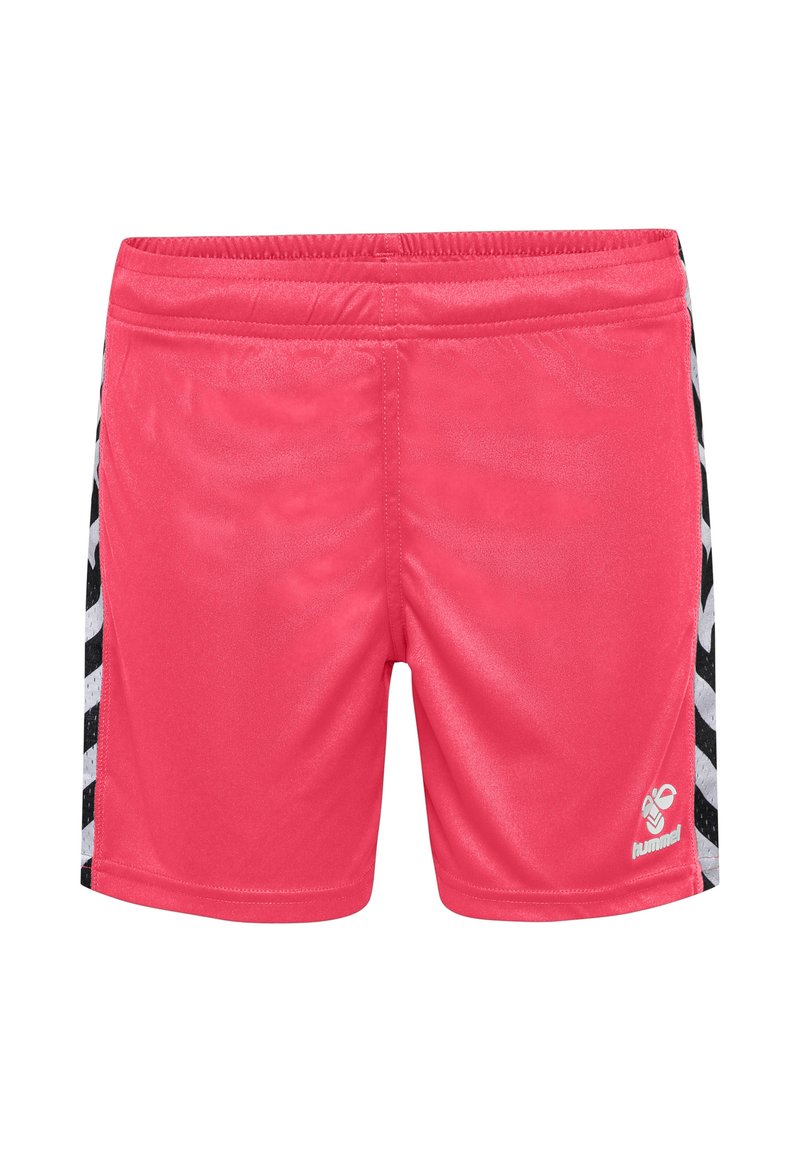 Rosa träningsshorts med elastisk midja, präglade med svarta sidostreck och en liten logotyp på framsidan. Slät, lättviktsmaterial.