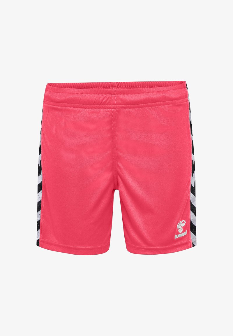 Rosa träningsshorts med elastisk midja, präglade med svarta sidostreck och en liten logotyp på framsidan. Slät, lättviktsmaterial.