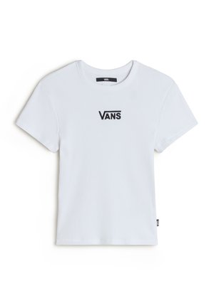 Weißes, geripptes Vans T-Shirt mit kurzen Ärmeln, Rundhalsausschnitt und schwarzem Vans-Logo zentriert auf der Brust.