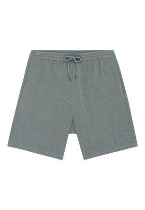 Graue, strukturierte Shorts mit elastischem Bund, Vordertaschen und vorne gebundener Kordel.