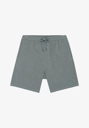 Graue, strukturierte Shorts mit elastischem Bund, Vordertaschen und vorne gebundener Kordel.
