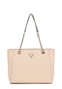 Lichtbeige, geborduurde boodschappentas met dubbele kettinghandvatten, voorzien van een driehoekig logo-detail en een gladde textuur.