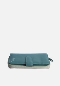 Teal leather wallet with a zip closure, featuring a smooth texture and a front flap with a snap. Accented with light green and silver stitching.