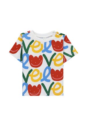 Maglietta bianca a maniche corte per bambini con lettere colorate che formano la parola "love" e forme di tulipani rossi sorridenti in un motivo ripetuto.