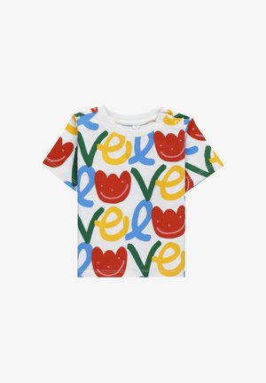 Maglietta bianca a maniche corte per bambini con lettere colorate che formano la parola "love" e forme di tulipani rossi sorridenti in un motivo ripetuto.