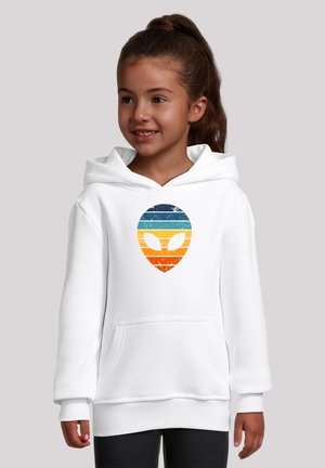 White hoodie featuring a front pocket and an alien head logo with orange, yellow, and blue striped design. Soft material and relaxed fit.