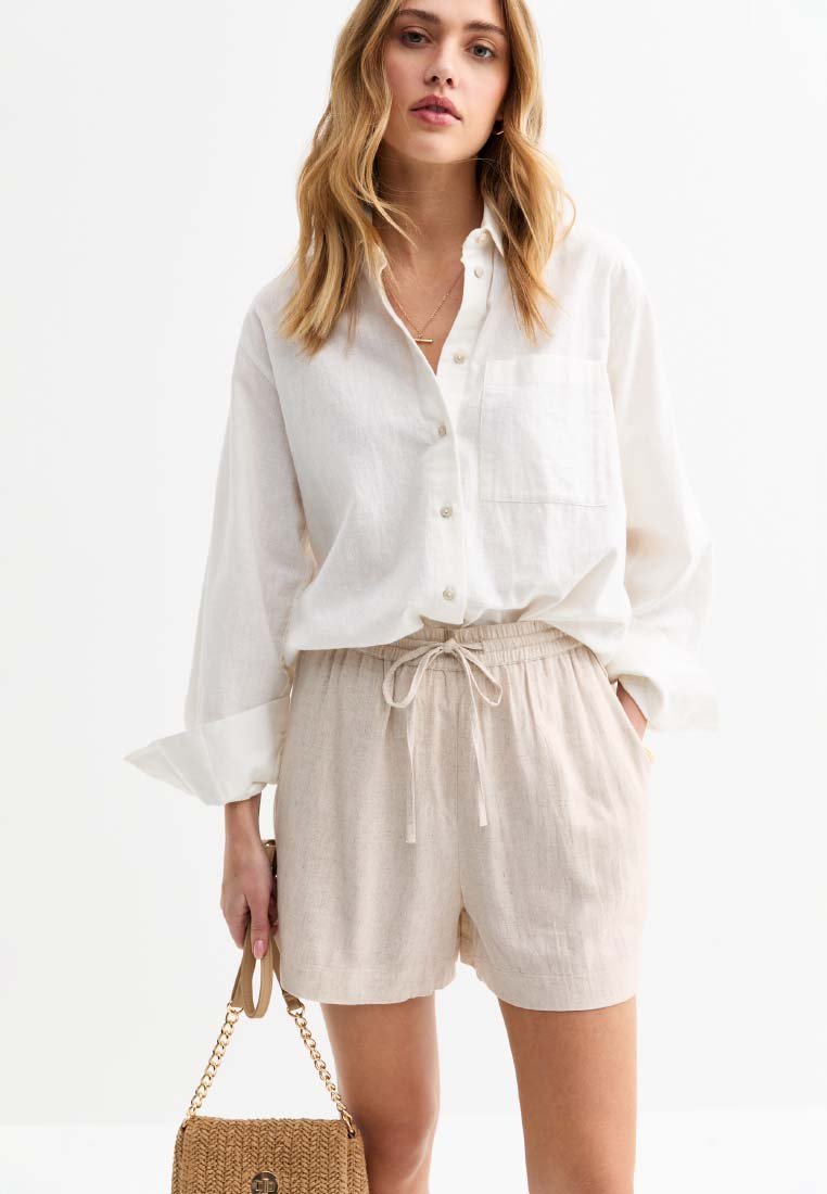 New Look - TIE WAIST LINEN-BLEND - Shorts - stone, Enlarge