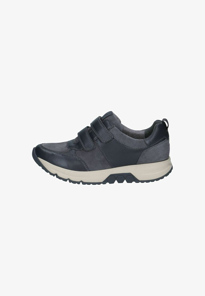 Baskets gris foncé avec deux bandes velcro, semelle épaisse beige clair et semelle extérieure noire texturée, vue de côté sur fond blanc.