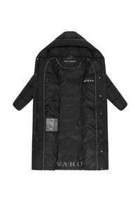 Black puffer coat with a hood, featuring a zippered inner pocket, snap buttons, and logo detailing at the bottom. Lined interior.